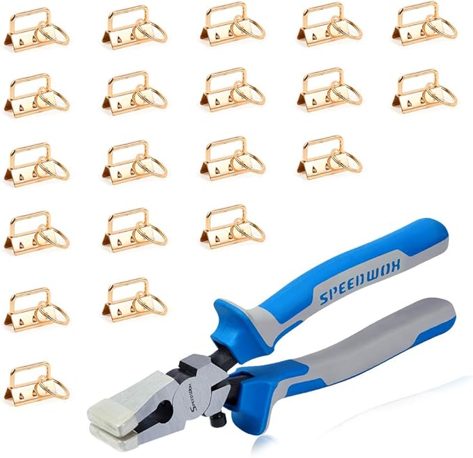 SPEEDWOX 20 Sets of Key Fob Pliers and 1.25 Inch Key Fob Hardware Sets with Keychain Split Rings Golden Webbing Fabric Strapping Glass Breaking Pliers Tools with Rubber Tips