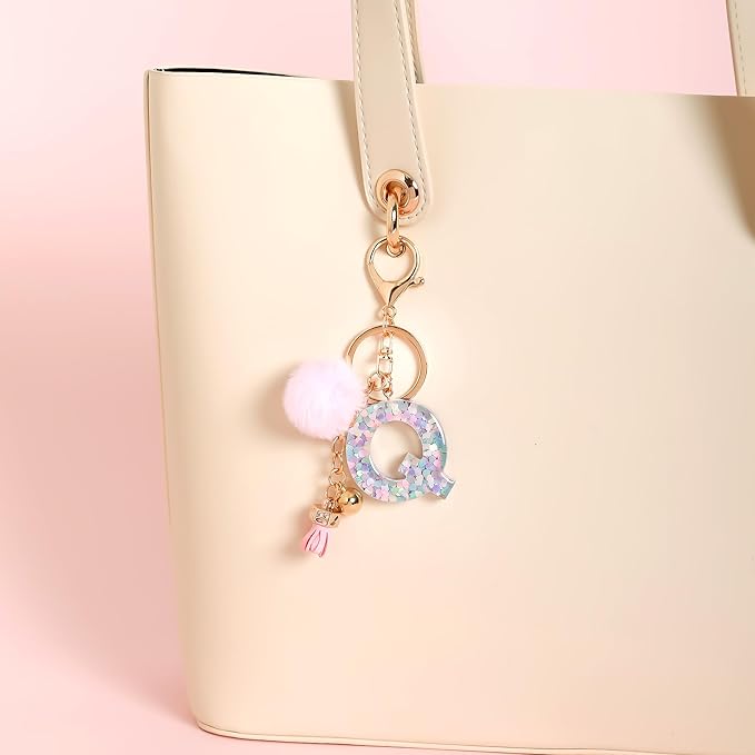 Resin Alphabet Initial Letter Keychain Keyring for Women Purse Handbags With Fur Ball Pom