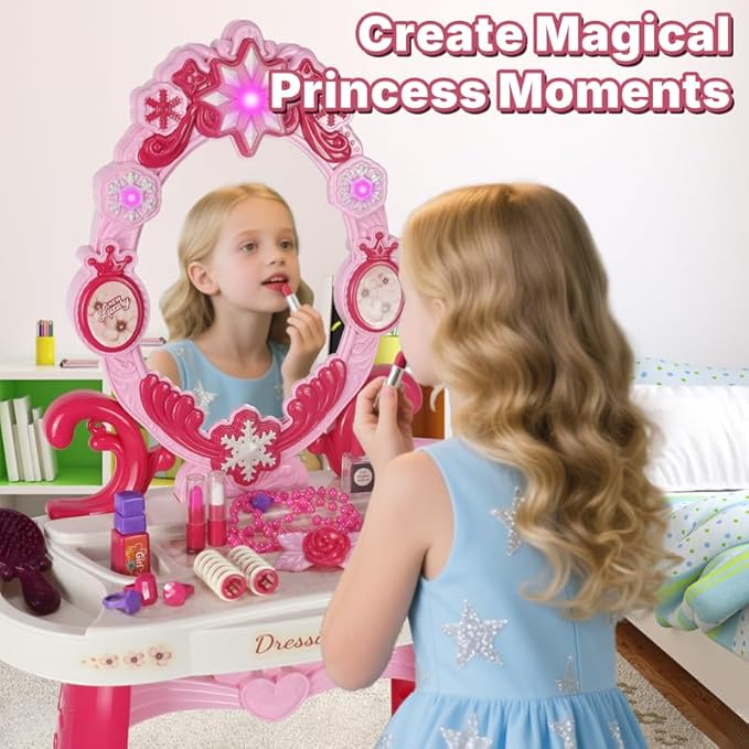 Toddler Vanity Set with Mirror, Lights & Music – Pink Princess Makeup Table with Stool, Pretend Play Beauty Salon Toy with Hair Dryer & Accessories for Little Girls Ages 3–5 Dress Up Gift (Pink)