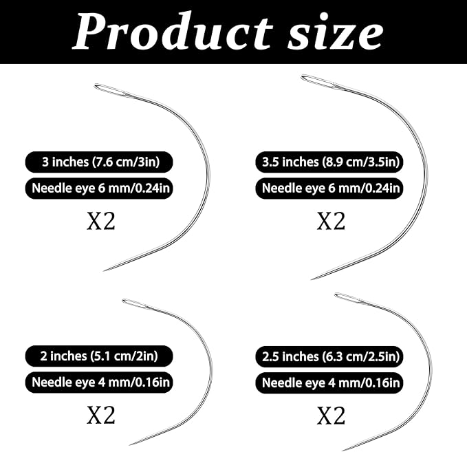 TIESOME 8 PCS 4 Sizes Curved Needles, Sewing Curved Needles Heavy Duty Leather Hand Sewing Needles C Sewing Needles for Leather Projects Carpet or Canvas Wig Making(2/2.5/3/3.5 Inch)