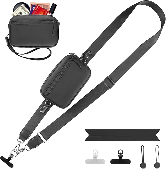 Clip and Go Strap for Phone with Wallet Crossbody, Adjustable Phone Lanyard with Detachable RFID Wristlet Wallet, Universal Phone Strap with 360° Rotatable Phone Tabs for All Phones (Black)
