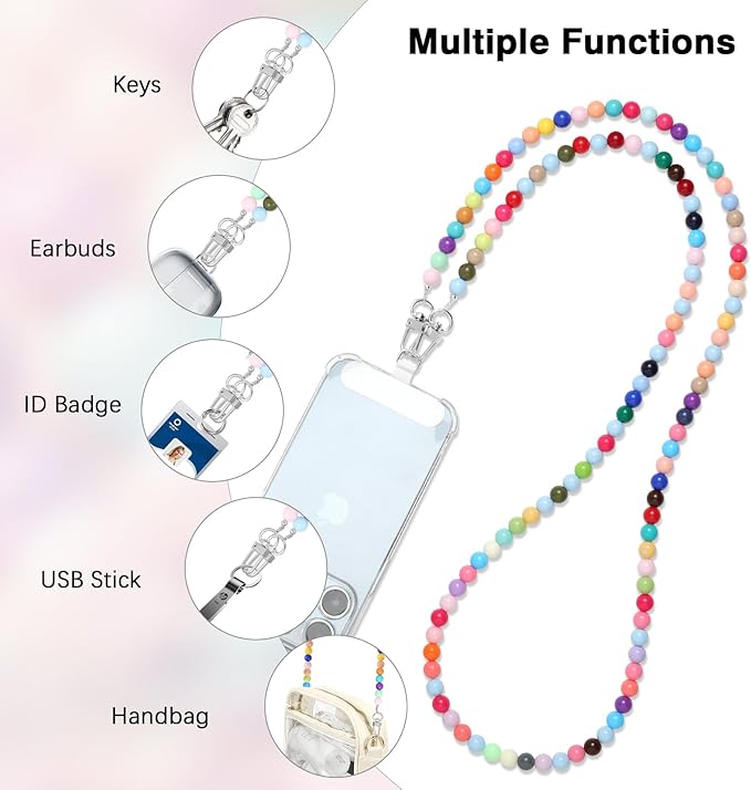 MoKo Universal Phone Lanyard, Pearl Beaded Cell Phone Chain Crossbody Strap Anti-Theft Detachable Women Cellphone Lanyards Around The Neck with Patches for iPhone, Most Smartphones - Mixed Color