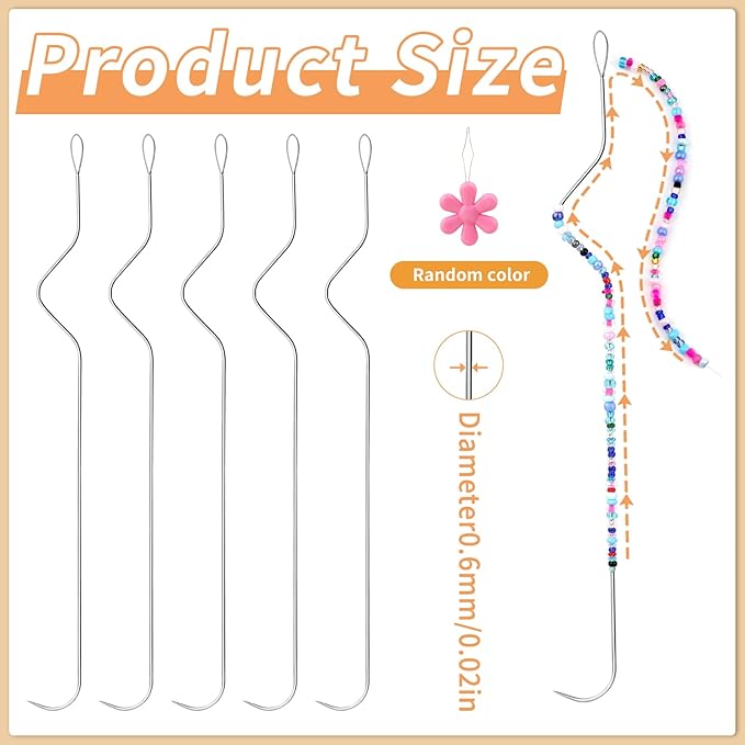 GarfxG 5 PCS Beading Needles-7.48 Inches Stainless Bead Spinner Needles, Big Eye Curved Seed Beading Needles for Bracelet Necklace Jewelry Making (Ergonomic Arc Design)