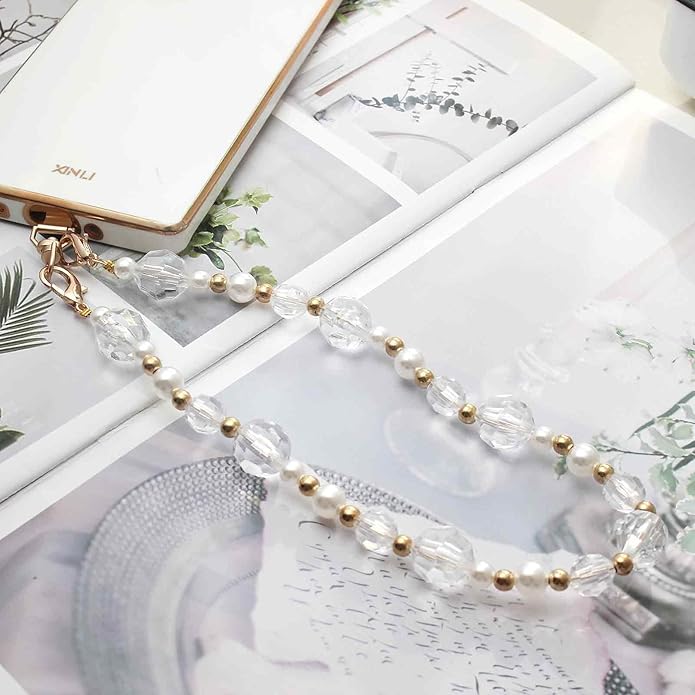 Pearl Beaded Phone Charm Wrist Strap,Cute Bracelet Wristlet Lanyard,Gold Double Chain for Phone Case,Purse Bag Wallet
