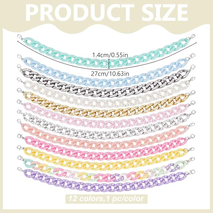WEBEEDY 12 Pcs Trucker Hat Chains Bulk 12 Colors Acrylic Rhinestone Charms with Lobster Clasps Jewelry Chains for Baseball Hat Decoration Music Festival Party DIY Accessories, 10.6x0.6 Inch
