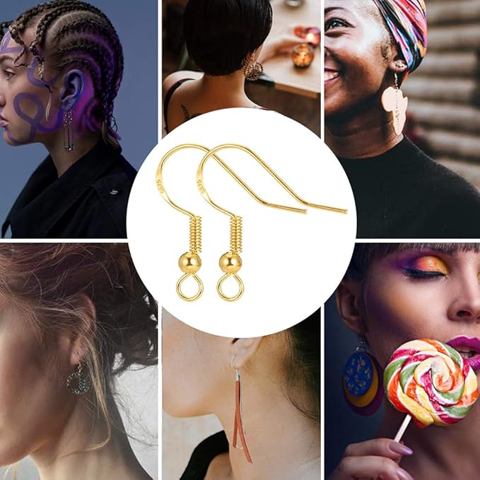 Hypoallergenic Gold Earring Hooks - 120 pcs/60 Pairs 18k Gold Nickel Free Ear Wires Fish Hooks for Jewelry Making, Jewelry findings Parts with 120 pcs Rubber Earring Backs Stopper for DIY Earrings
