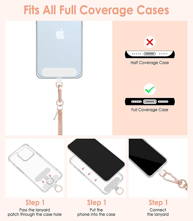 MoKo Universal Phone Lanyard, Metal Cell Phone Chain Crossbody Strap Anti-Theft Detachable Women Cellphone Lanyards Around The Neck with Patches for iPhone, Most Smartphones, Pale Rose Gold