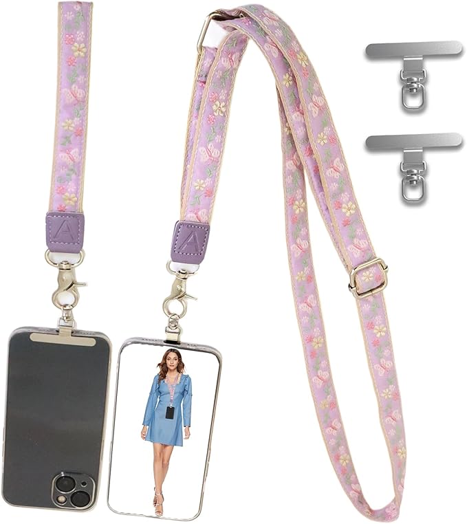 LEMEDE Wrist Keychain and Adjustable Phone Lanyard, Silver Hook Phone Crossbody Strap with 360° Rotating Phone Pads
