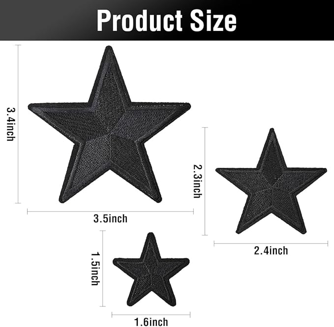 WILDREEDS 24 Pieces Star Iron on Patches, Star Embroidered Patch for Clothing, T-Shirt, Backpacks, Hats, Jeans, Jackets (Black)