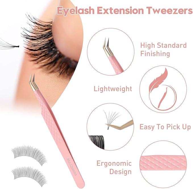 Ms.Queen 45 Degree Tweezers for Lash Extensions,Precision Fiber Tip Eyelash Tweezers for Volume Eyelash Extensions