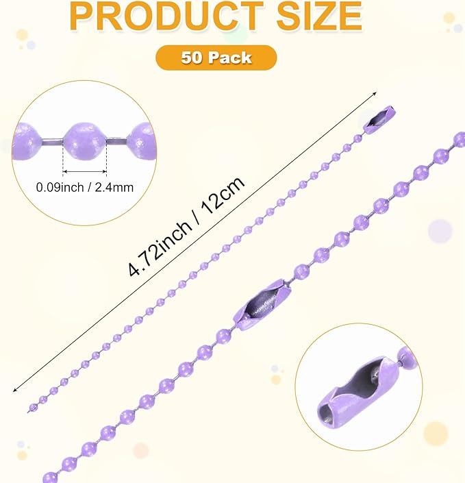 M METERXITY 50-Pack Ball Beads Chain, 4.7 in Metal Beaded Necklace Adjustable Keychain with Connectors for Jewelry Making/DIY Crafts/Hanging Decoration, Dog Tag Chain [Light Purple]