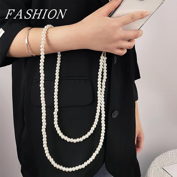 Phone Chain Crossbody Pearl Strap, Pearl Beaded Chain Shoulder Crossbody Lanyard with Phone Tether Patches Compatible with Most Phones Bag Purse