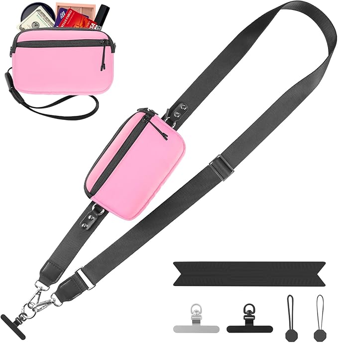 Clip and Go Strap for Phone with Wallet Crossbody, Adjustable Phone Lanyard with Detachable RFID Wristlet Wallet & Ultra-Thin 360° Rotatable Metal Tabs for All Smartphones (Pink)