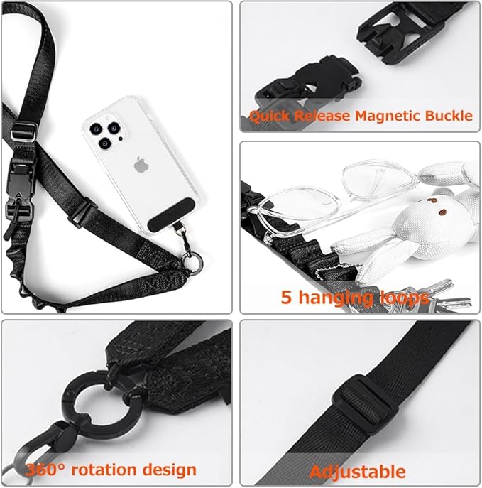 Phone Lanyard Crossbody with Hanging Loops, Clip and Go Strap for Phone with Zipper Wallet, Adjustable Elastic Phone Strap