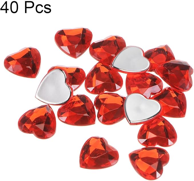 MECCANIXITY 40 Pcs Acrylic Heart Rhinestone 15mm Flat Back Plastic Gems Jewelry Stickers for Craft Bead Face Painting Costume Jewelry Making, Red
