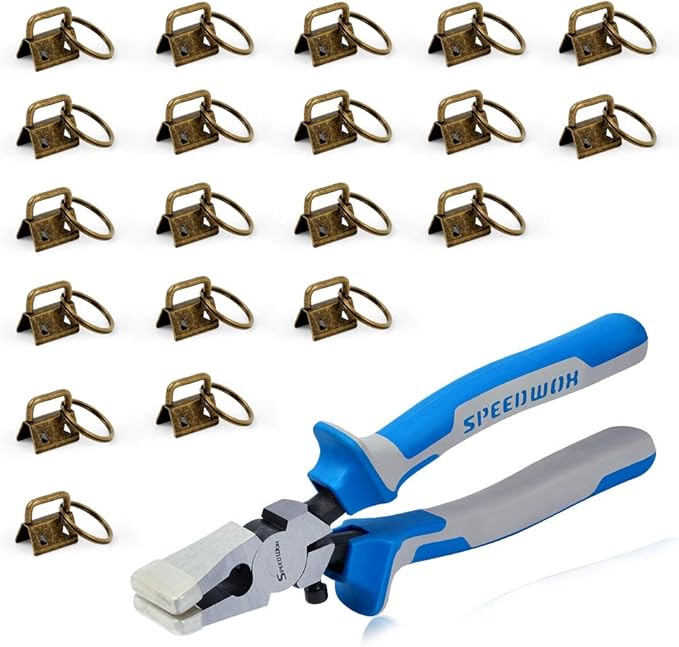 SPEEDWOX Key Fob Pliers and 20 Sets 0.8 Inch Key Fob Hardware with Keychain Split Rings Webbing Fabric Strapping Wristlet Set Antique Brass Glass Breaking Pliers Tools with Rubber Tips