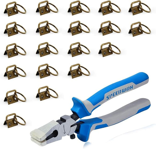 SPEEDWOX Key Fob Pliers and 20 Sets 0.8 Inch Key Fob Hardware with Keychain Split Rings Webbing Fabric Strapping Wristlet Set Antique Brass Glass Breaking Pliers Tools with Rubber Tips