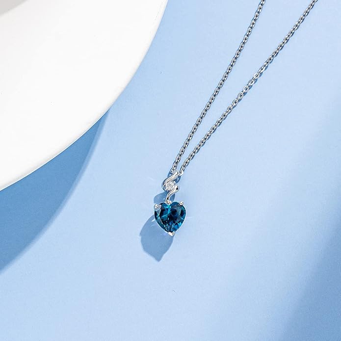 AGVANA Christmas Gifts 14K Solid White Gold Diamond Gemstone Pendant with Sterling Silver Chain 8mm Heart Birthstone Necklace Fine Jewelry Anniversary Birthday Gifts for Women Mom Wife