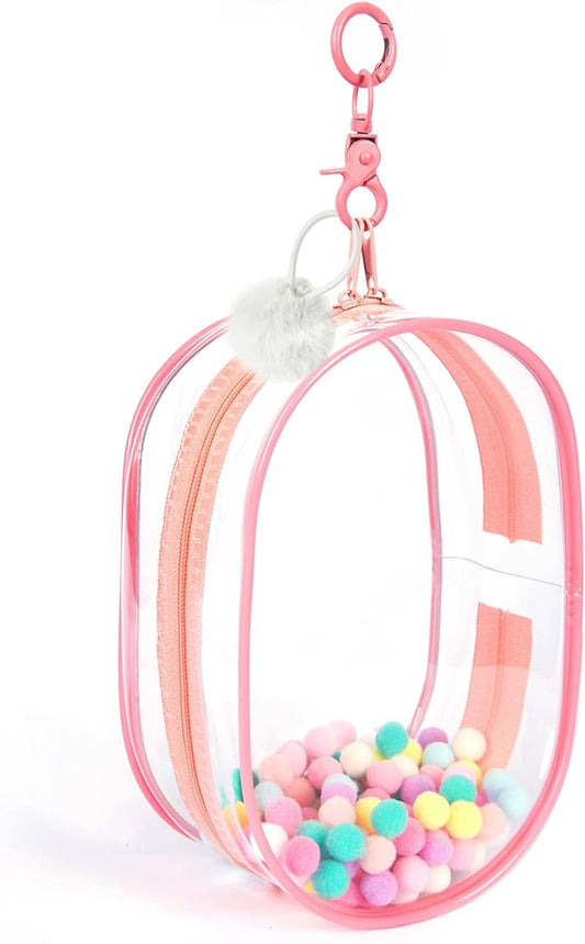 CHICHO Clear Figure Display Bag with White Hairball Keychain, Portable Doll Storage Bag Hanging Blind Box Organizer Zipper Closure