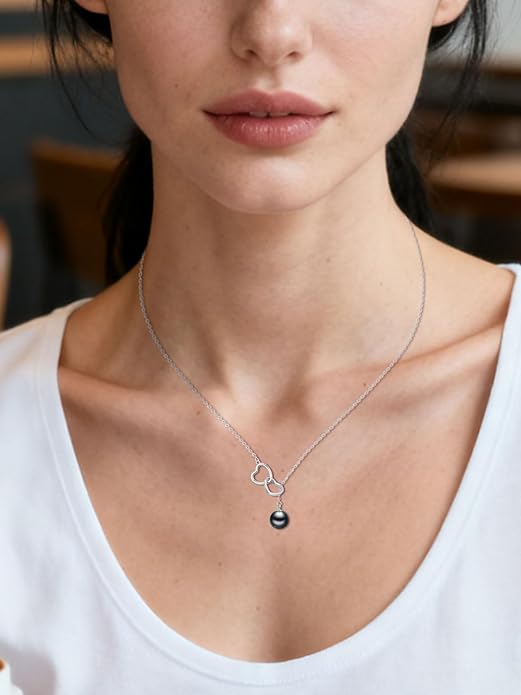 KANNSOAR Tahitian Black Pearl AAAA 18K White Gold Plated Sterling Silver Double Heart Pendant Y Necklace for Women Wife Mom Girlfriend Valentine Her Jewelry Gift for Anniversary Birthday