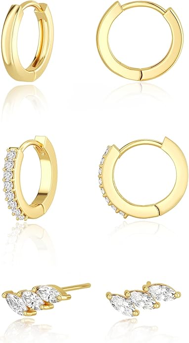 Freekiss 3 Pairs Gold Hoop Earrings Set: Dainty Stud Earrings Trendy Small 14K Gold Plated Hypoallergenic Dangle Cartilage Huggie Hoop Earrings for Women Gold Jewelry for Women Gifts