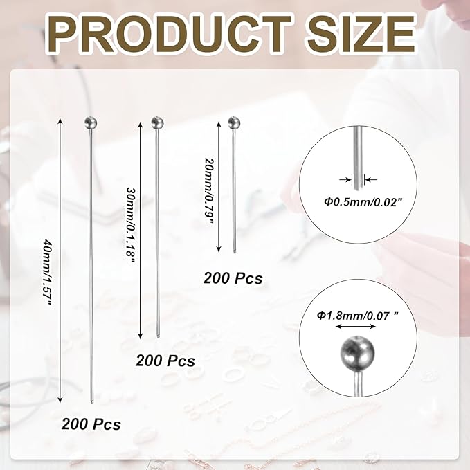 PATIKIL 0.8/1.2/1.6Inch Ball Pins, Jewelry Making Headpins Straight Pins Findings Bendable for DIY Craft Bracelet Necklace Earring Pendant Making Supplies-600Pcs(Light Silver)