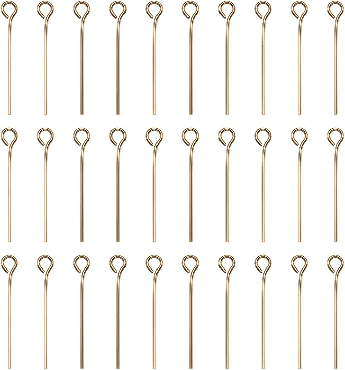 HARFINGTON 100pcs Open Eye Head Pins 0.94" 24mm Mini Metal Wire Eye Pins Beading Small Needles Bulk for Earring Pendant Necklace Bracelet Charm Jewelry Making Findings, Champagne Gold