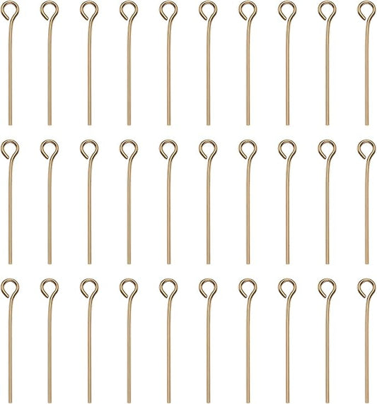 HARFINGTON 100pcs Open Eye Head Pins 0.94" 24mm Mini Metal Wire Eye Pins Beading Small Needles Bulk for Earring Pendant Necklace Bracelet Charm Jewelry Making Findings, Champagne Gold