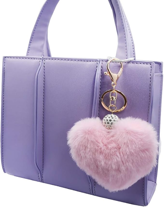 Women's Heart Faux Fur Pom Pom Key Chains Bag Accessory Puffball Keyring Backpack Charms for Girls