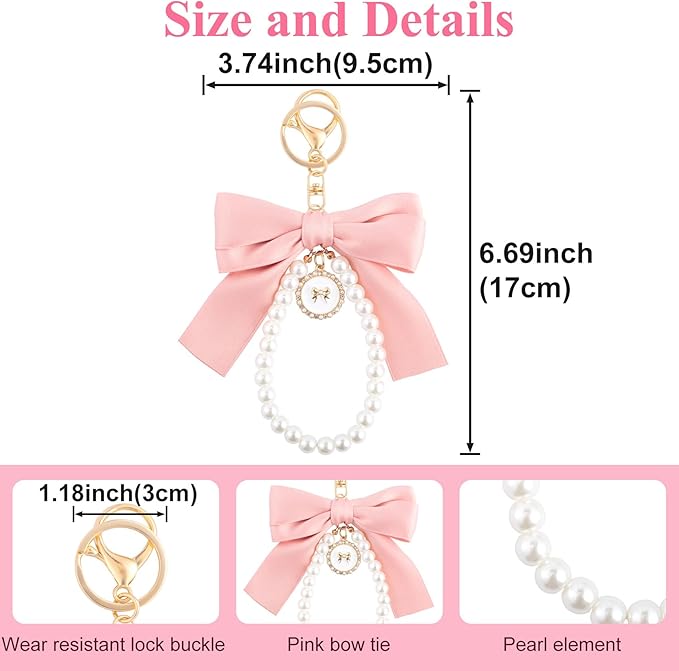 Joez Wonderful Pearl Bow Keychain, Cute Pink Bowknot & Pearl Keyring Charms, Aesthetic Keychain