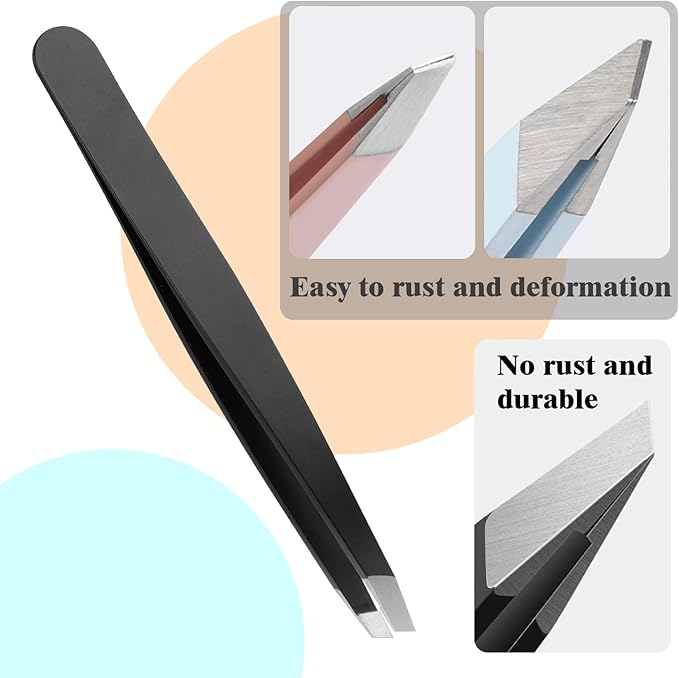 FIVETAS Stainless Steel Tweezers for Eyebrows-Slant Tweezer with Case for Women&Man,Great Precision on Brow,Facial Hair and Ingrown Hair Removal(Black)