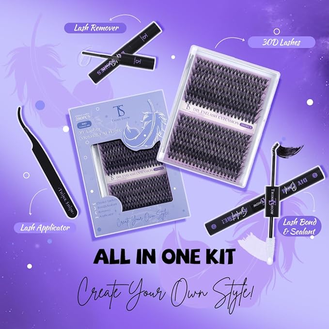 THINK SHOW Lash Clusters Kit 30D 9-16mm 280pcs Wispy Lash Clusters Kit with Bond and Seal,Tweezers,Remover Natural Cluster Eyelash Extensions for Beginners(30D)