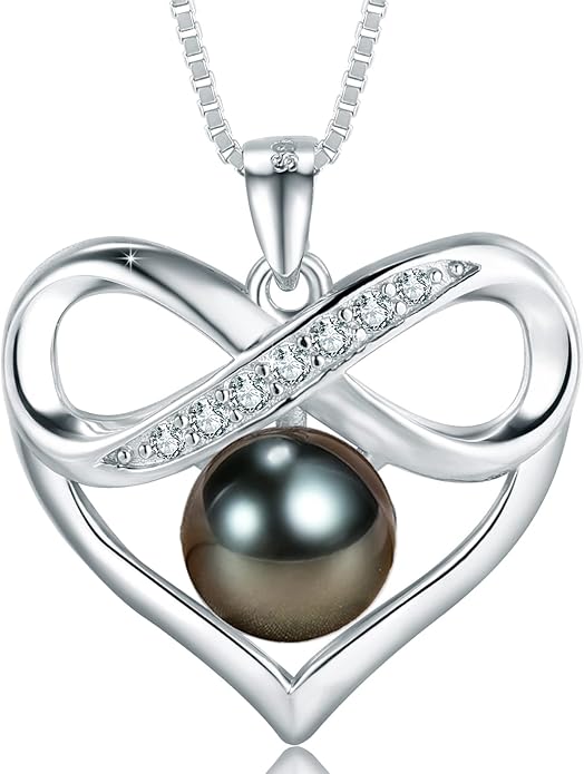 NONNYL Black and White Pearl Heart Pendant Necklace - Gift for Women Wife Wedding Birthday Anniversary - Mom Girlfriend Her on Mothers Day Valentines Day Christmas - 18K Gold Plated Sterling Silver
