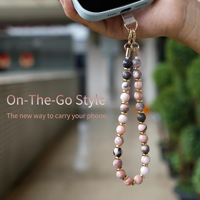 Marble Beaded Phone Wrist Strap,Detachable Phone Bracelet Strap with Tether Tab,Hands-Free Wristlet Strap (Pink Zebra)