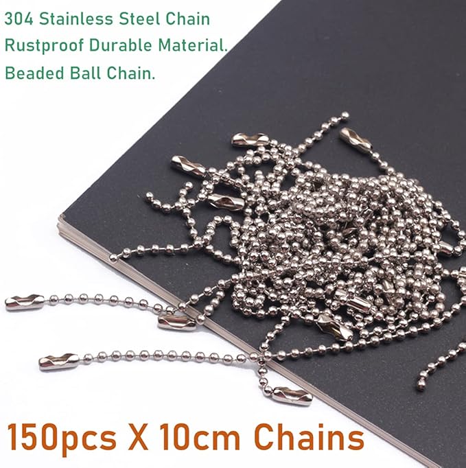 150pcs Ball Bead Chain 4 inch, Stainless Steel Bulk Dog Name Tag DIY Keychains Key Ring Crafting with Connectors Clasp (2.4mm Ball,150pcs X 10cm Chain, Silver)