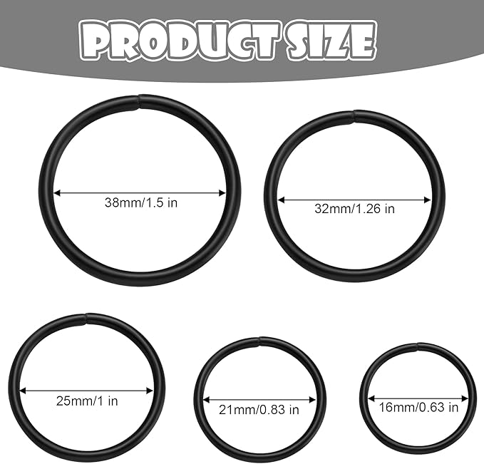 Hotop 35 Pieces Metal O Ring Multi Purpose Non Welded Round Metal Key Ring for Keychains Macrame Dog Leashes Camping Belt Hardware Bag DIY Accessories, 5 Sizes(Black)
