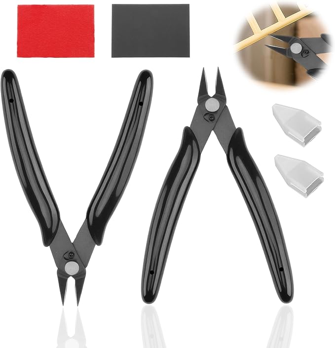 2 Pack Micro Flush Cutters, model clippers for Plastic Model kit and Jewelry Making, Wire Cutters with 2000 Grit Sanding Sponge for Smoothing Edges, Fit for 3D Printing and DIY Projects