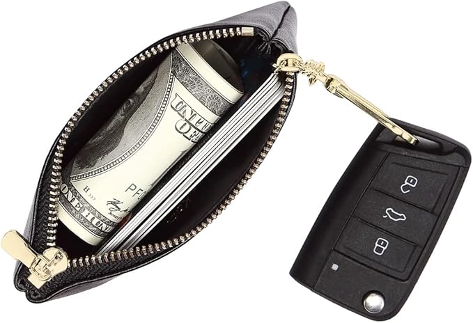 Premium Genuine Full Grain Leather Mini Coin Purse Keychain Pouch Card Holder for Men Women (Black)