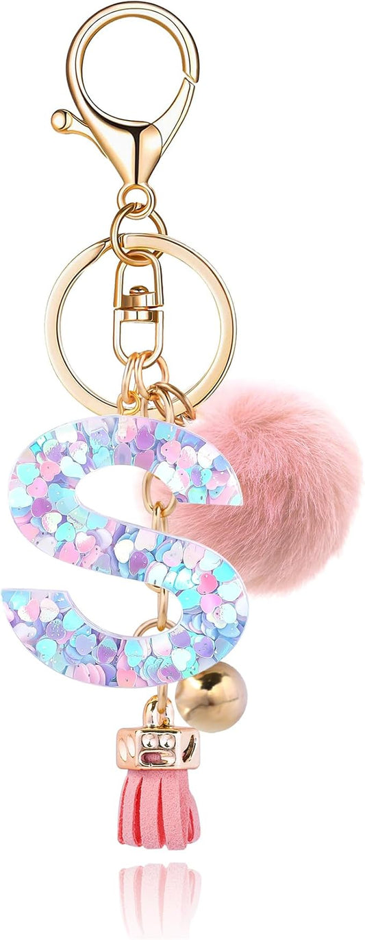 Resin Alphabet Initial Letter Keychain Keyring for Women Purse Handbags With Fur Ball Pom
