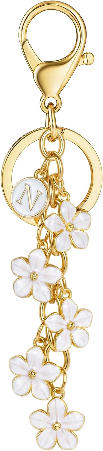 XGALBLA White Pink Black Cute Initial Letter Keychain for Women, Flower Bag Charms Enamel Keyring for Handbag Backpack