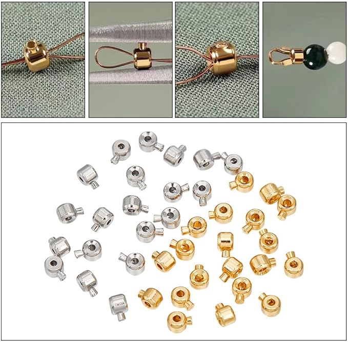 Arricraft 40 Pcs Brass Crimp Beads, 2 Colors Column Beads Cord End Caps Metal Loose Rondelle Spacers for DIY Crafts Necklace Bracelet Jewelry Making Silver & Golden