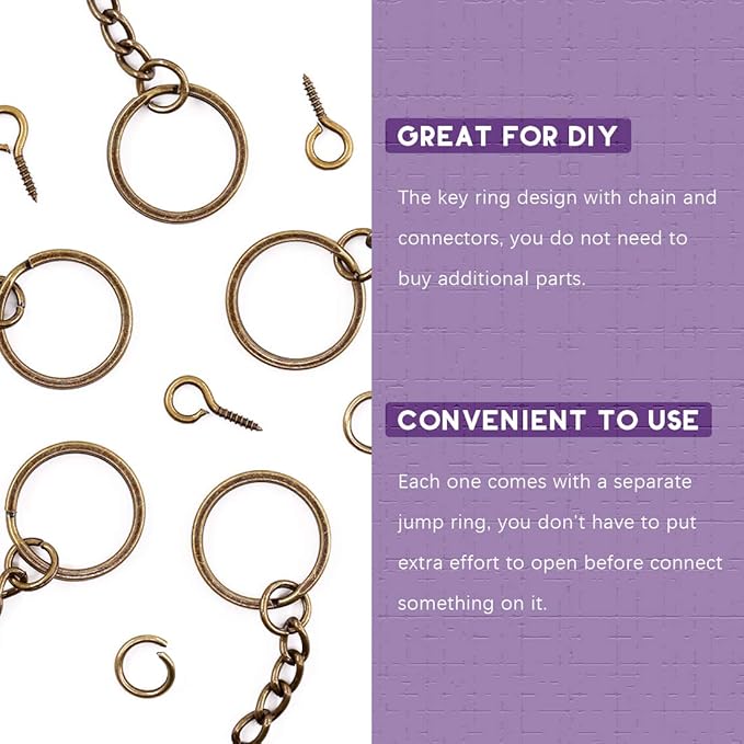 Swpeet 450Pcs 1 Inch 25mm Bronze Flat Key Chain Rings Kit, Including 150Pcs Split Keychain Rings with Chain and 150Pcs Jump Ring with 150Pcs Screw Eye Pins Bulk for Jewelry Findings Making