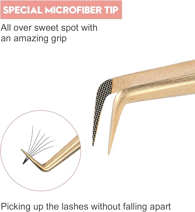 Ms.Queen Tweezers for Lash Extensions,Diamond Grip 3Pcs Fiber Tip 45 90 Degree Volume Eyelash Tweezers Set