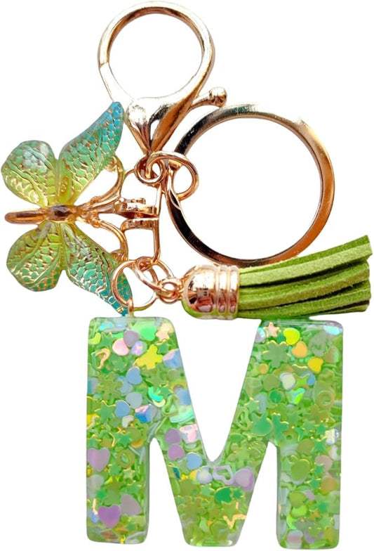 Cute Initial Letter Keychains for Women Girls Tassel Butterfly Pink Purple Green Keychain for Backpack School Bag
