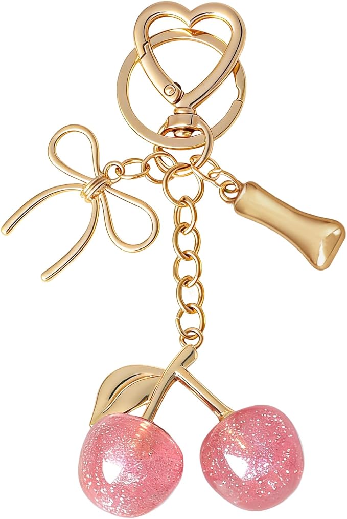 Snycler Bubble Initial Keychain with Cherry & Bow - Gold Letter Bag Charms for Women, Cute Purse Handbag Accessories