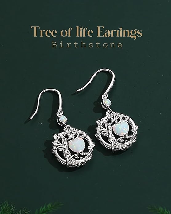 FANCIME Tree of Life Dangle Drop Earrings 925 Sterling Silver Dainty Round Gemstone Birthstone Earring Fine Jewelry Birthday Christmas Gifts for Her Women