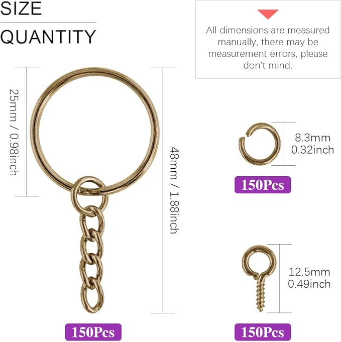 Swpeet 450Pcs Bronze 1" 25mm Key Chain Rings Kit, Including 150Pcs Keychain Rings with Chain and 150Pcs Jump Ring with 150Pcs Screw Eye Pins Bulk for Jewelry Findings Making (Bronze)