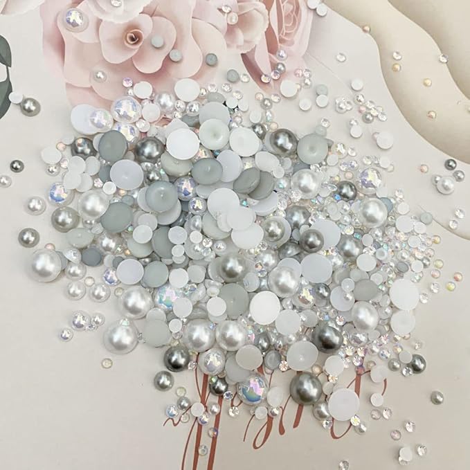 100g Mix Resin Rhinestones Flatback Half Round Pearls Mixed Size 3mm-10mm AB Color Half Pearls Resin Rhinestones for DIY Craft Nail Art Shoes Clothes Phone Case (Gray Series)