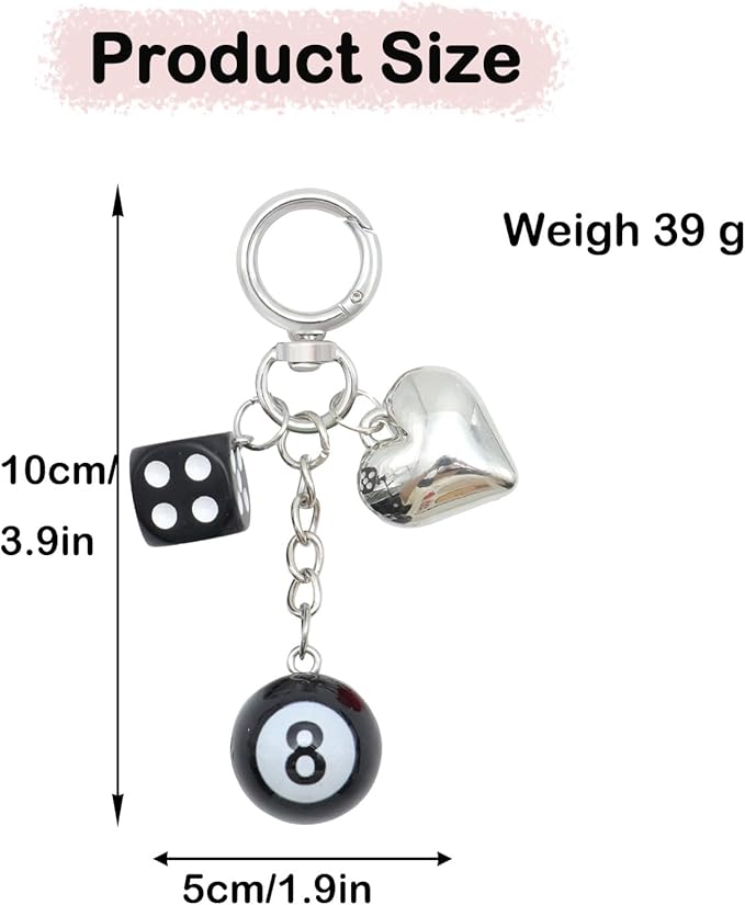 8 Ball Dice Keychain, Y2k Dice Purse Bag Charm with Cherry Star Heart Handbag Accessories for Women Men
