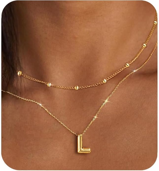PANSHI Gold Initial Necklaces Gifts for Teen Girls Women Girlfriend Teen Girl Gifts Trendy Stuff Layered Bubble Letter Necklace Gold Jewelry Birthday Gift